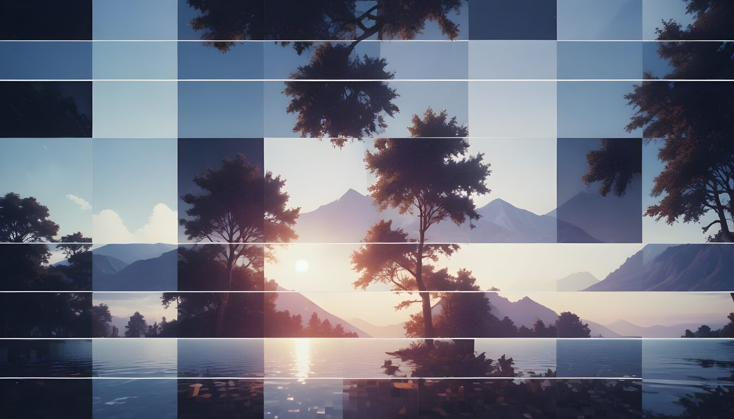 Abstract image of a landscape with mountains, a lake, and trees, with a grid overlay. The grid creates a sense of fragmentation and distortion, suggesting a digital or virtual world.