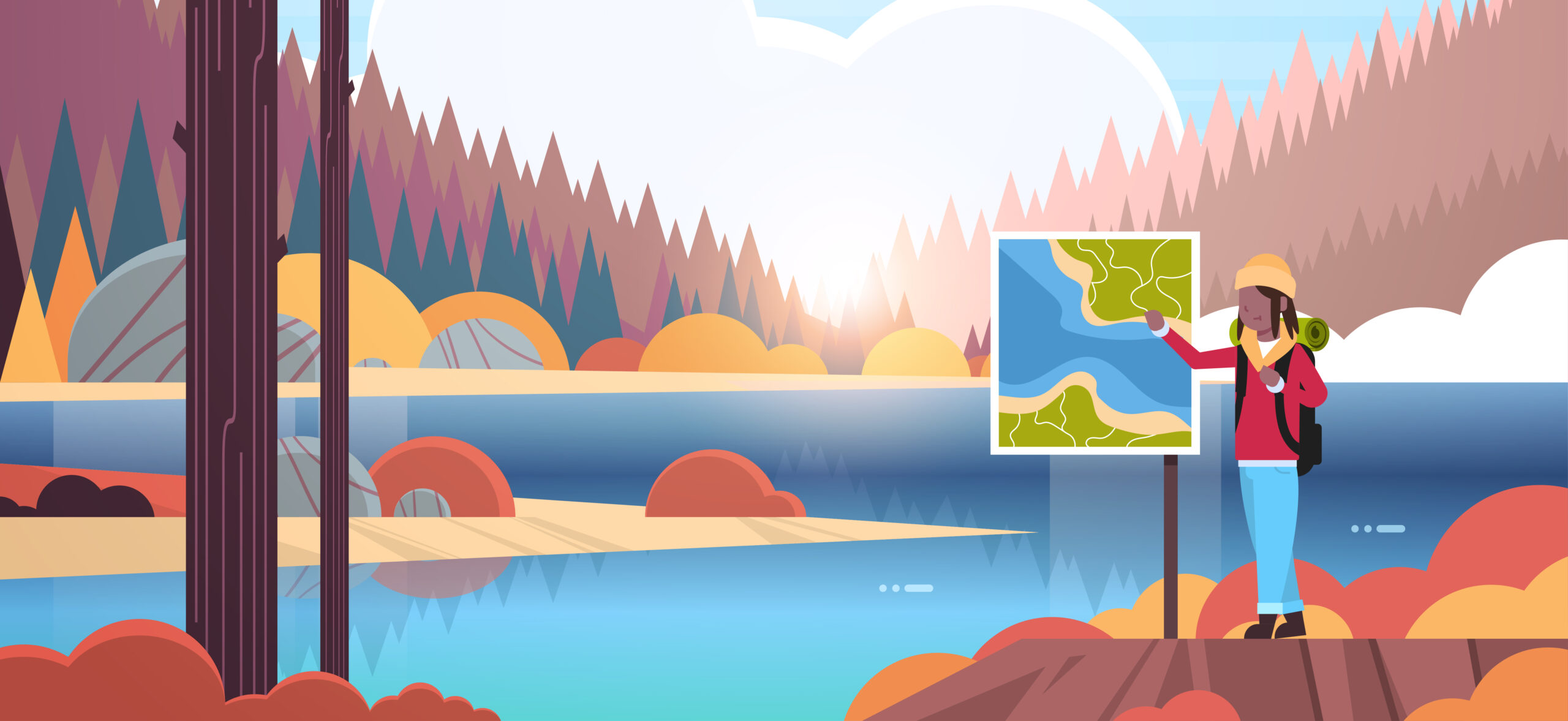 female tourist hiker with backpack looking travel map african american woman traveler planning route hiking concept sunrise autumn landscape nature river forest mountains background horizontal